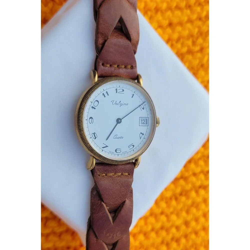 VTG Valgine Swiss Quartz Watch Gold Tone Brown Braid Leather Heritage Americana